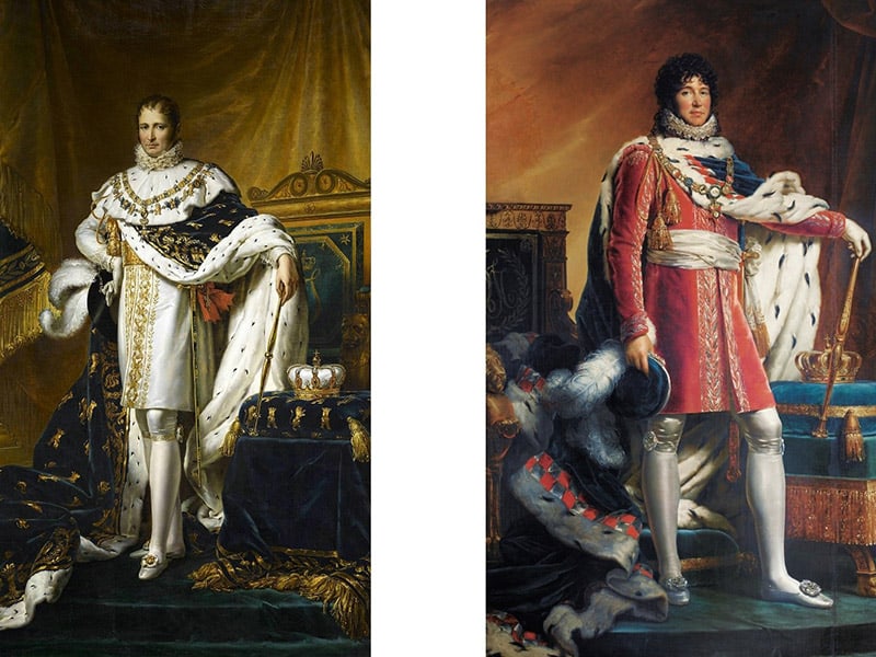 Da sinistra: Ritratto di Giuseppe Bonaparte di François Gérard del 1808 circa, Castello di Fontainebleau e Ritratto di Gioacchino Murat di François Gérard del 1811 circa, collezione privata.