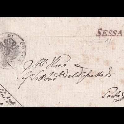 Su un piego postale del 1811 dal sindaco di Conca al sottintendente di Gaeta annullato con bollo murattiano di Conca e stampato inclinato con iniziale grande di Sessa